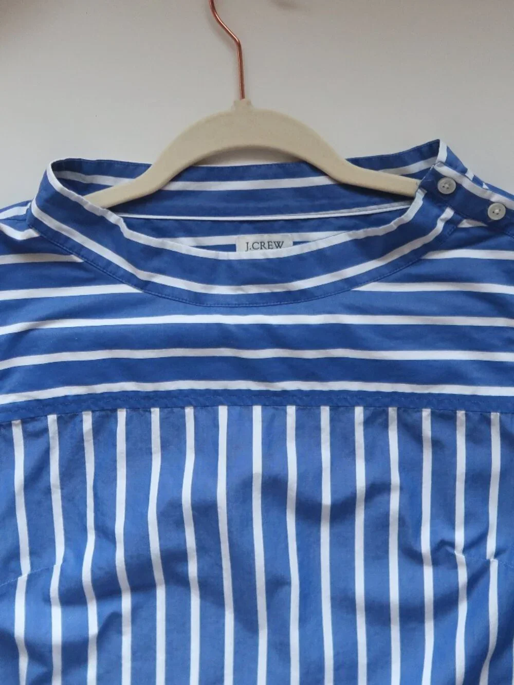 J. Crew Blue White Striped Cotton Blouse Top Button Shoulder High Low Hem 4